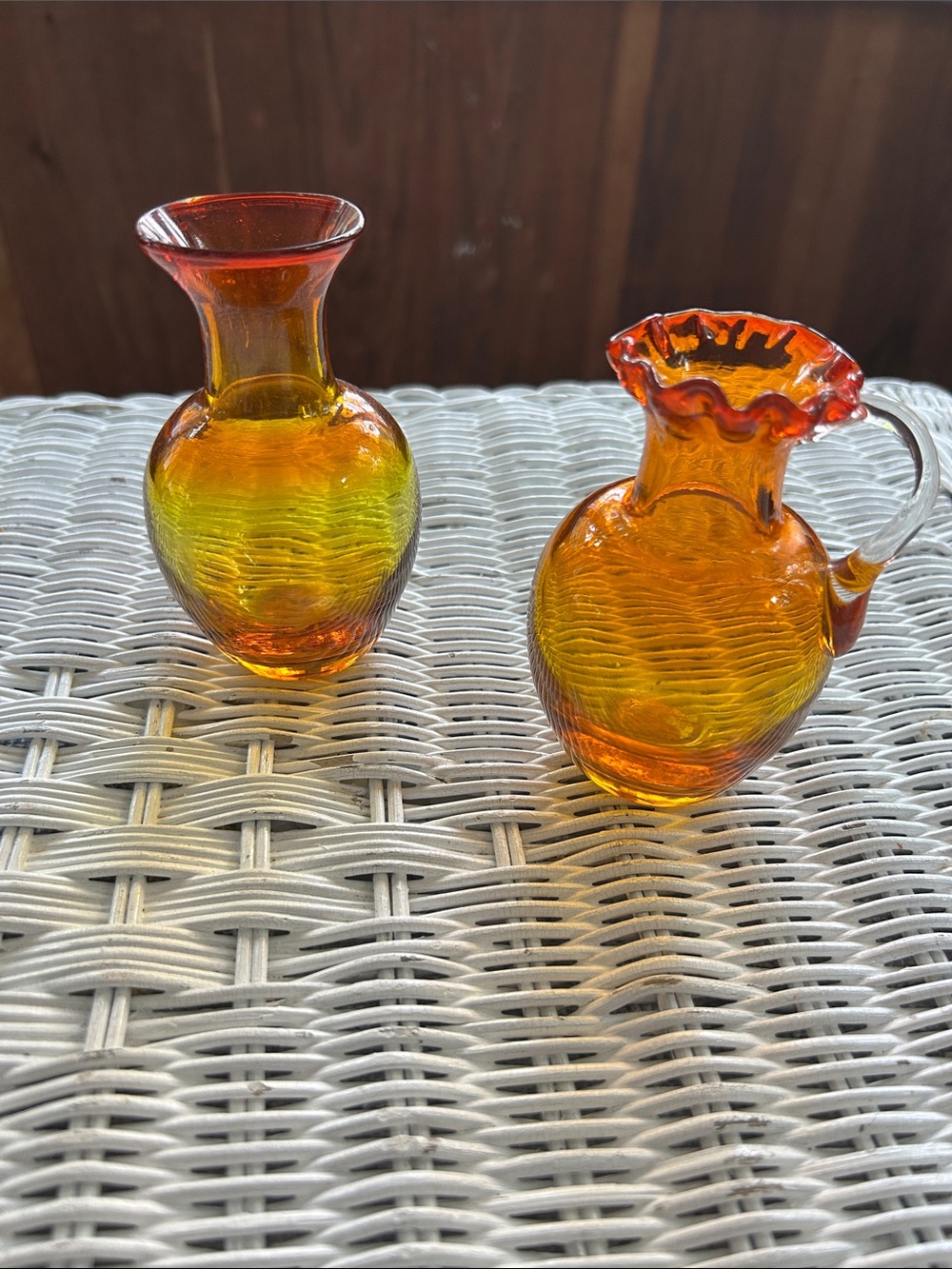 Source Unknown Amber-Orange Mini Handblown Glass 6” Vases Pair